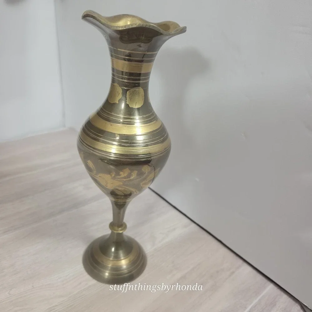 Vintage Etched Solid Brass Vase Made in India Ruffled Rim Floral Design 8 Inch